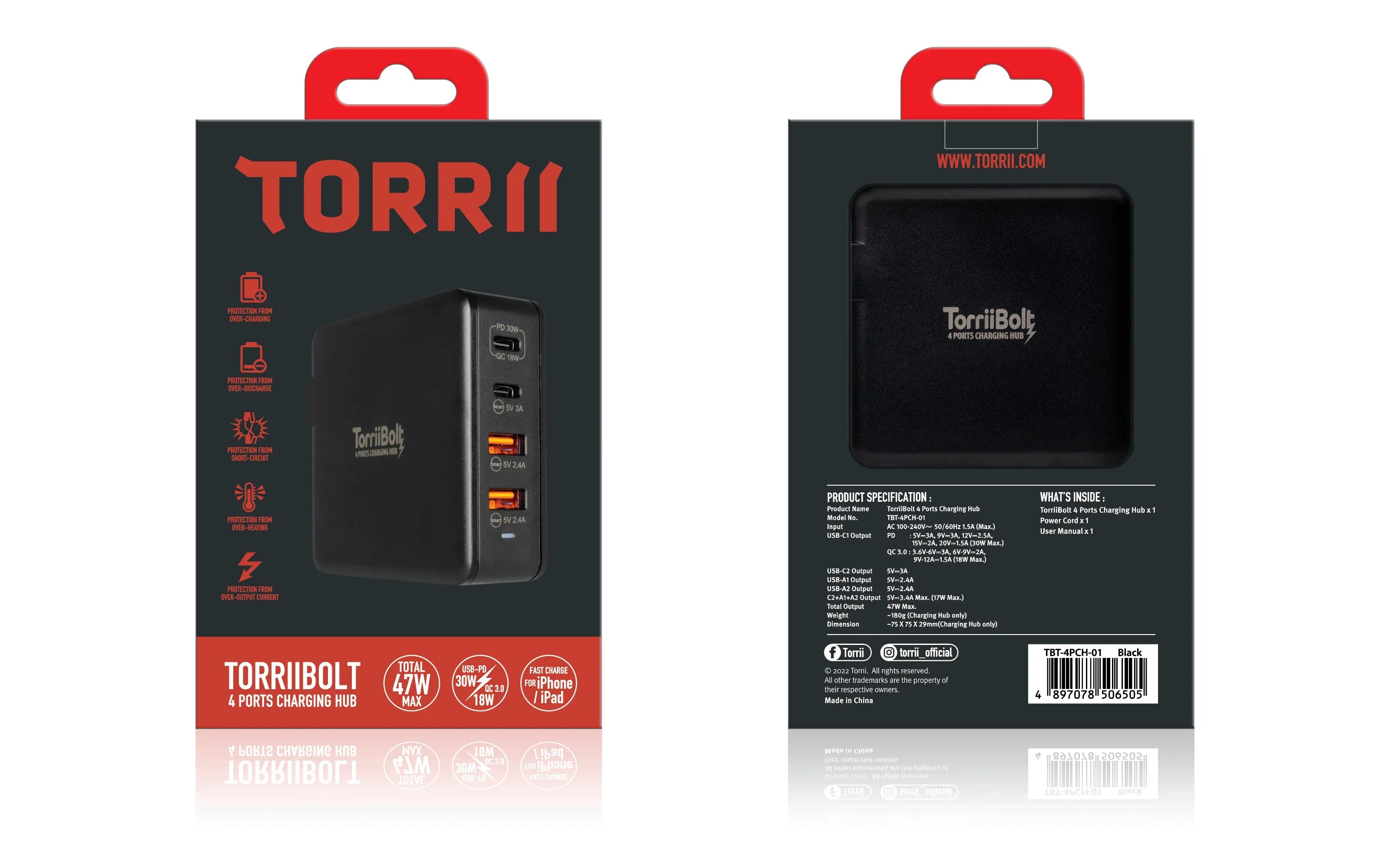 Torrii Bolt 4 Port Charging Hub with 2 USB-C & 2 USB-A QC 3.0 - Black - Tashqila Torrii Bolt 4 Port Charging Hub with 2 USB-C & 2 USB-A QC 3.0 - Black - Tashqila